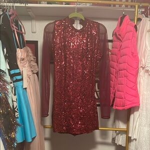 Red Mini Sequin Bodycon dress dance costume with low back and sheer sleeves